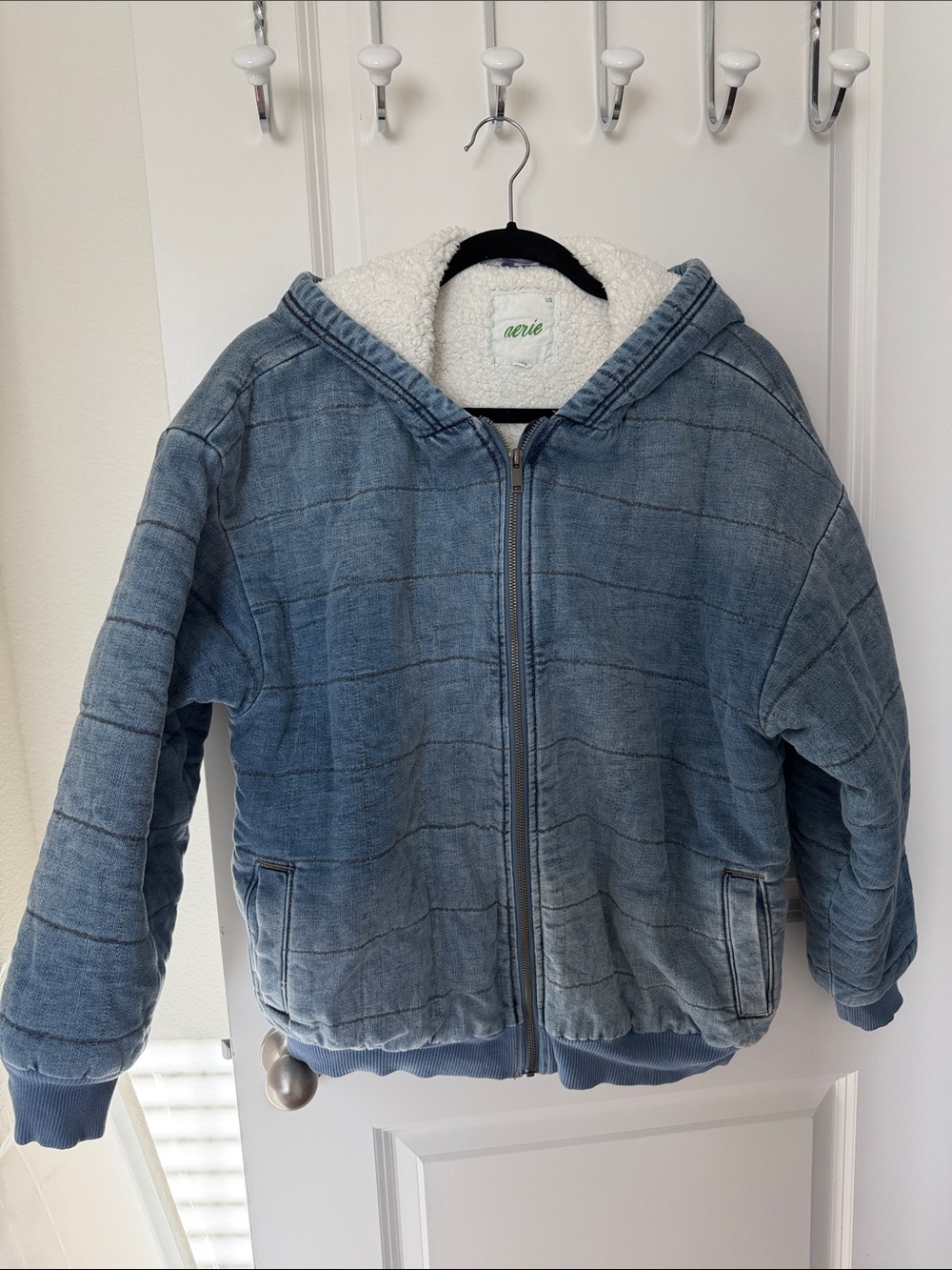 aerie Quilted Sherpa-Lined Hooded Denim Jacket